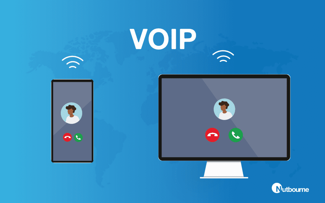 A graphic of a mobile and desktop using VoIP technology.